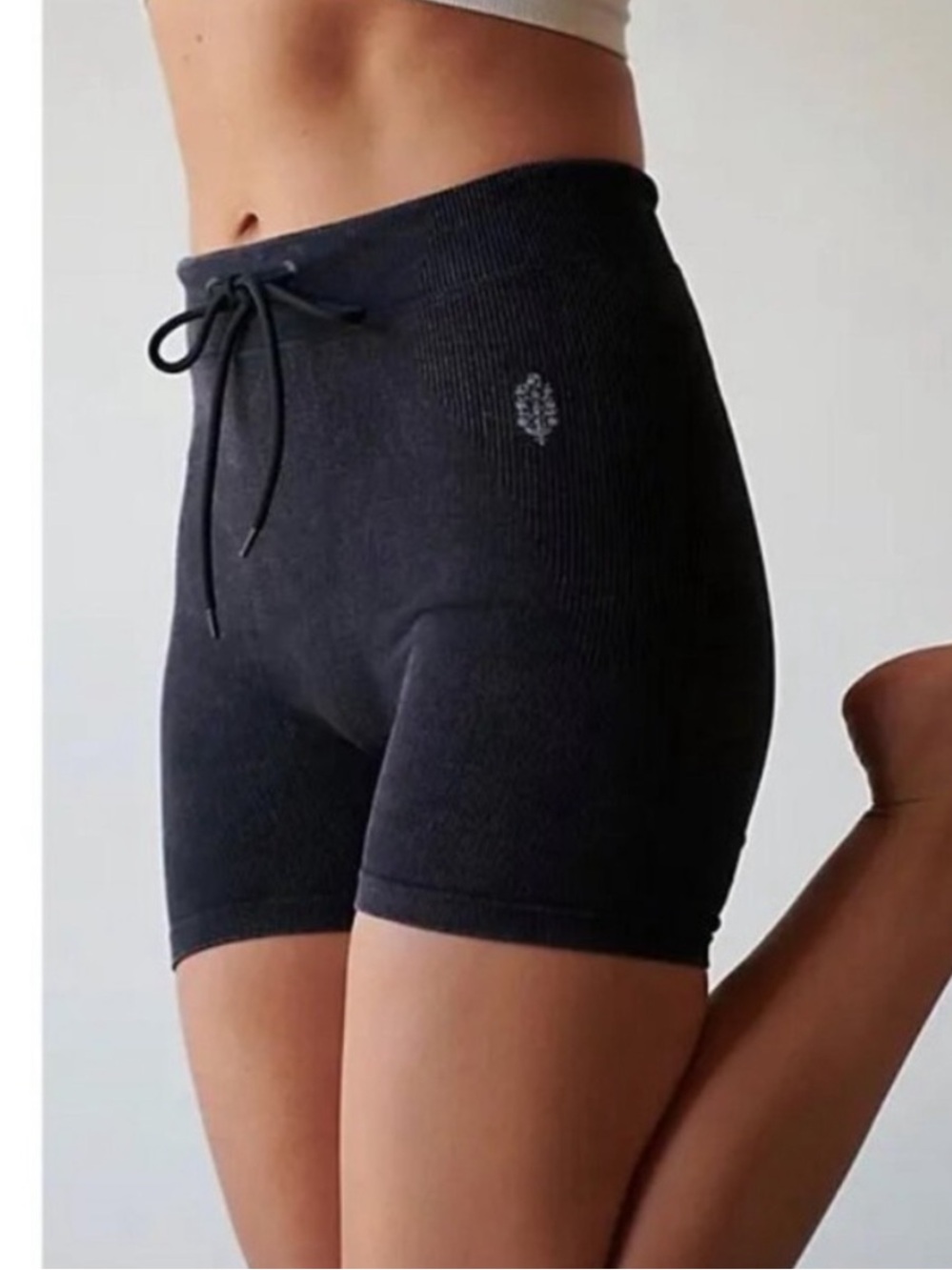 Free People NEW 🌷Go To Mineral Wash Black Ribbed Knit Drawstring shorts NWOT
